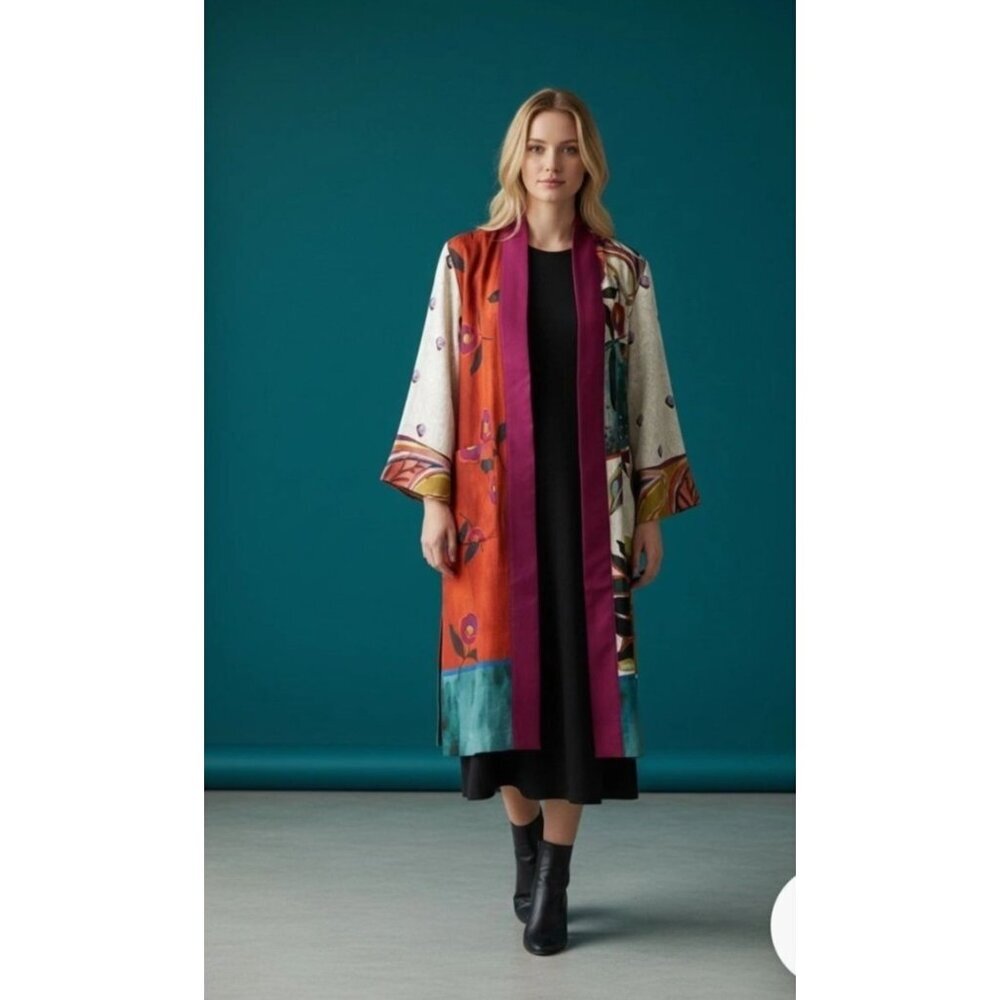 Chicos Floral Print Kimono‎ Duster Orchid Jacket Sz Small Eclectic Boho Artsy
